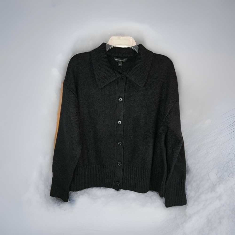 Banana Republic Women Polo Cardigan Sweater Button-Up Long Sleeves Black -LAST 1